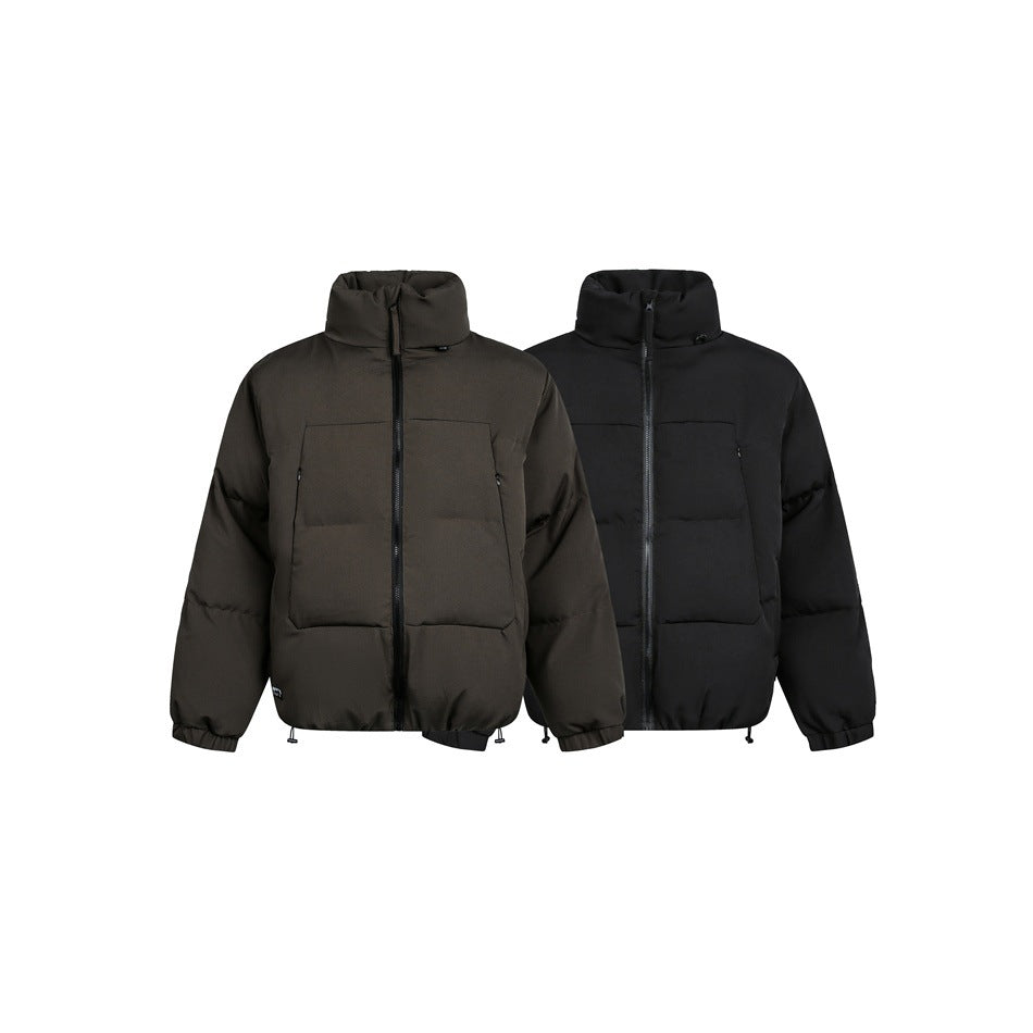 Two front-view puffer jackets shown side by side in dark olive-brown and black, with high collars and front zippers.