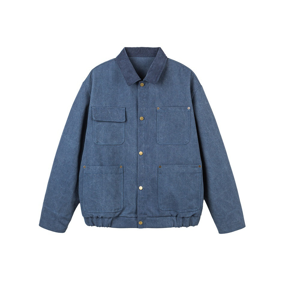 Blue collared jacket with navy ribbed collar, gold-tone snaps, four front pockets and elastic hem, flat front view