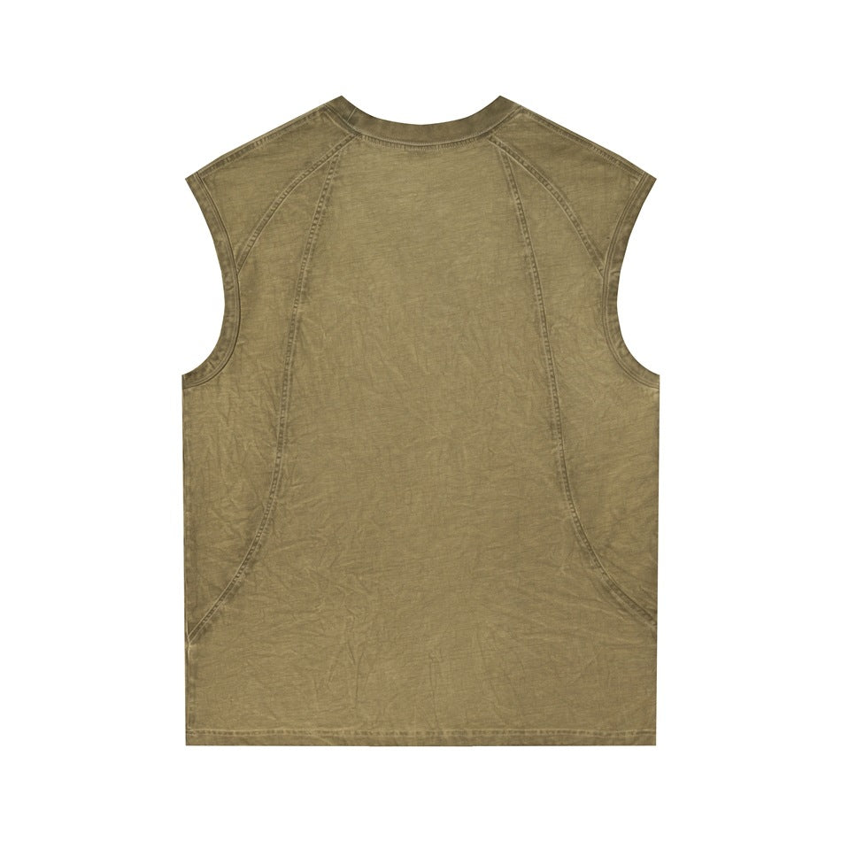 Back view of an olive sleeveless crewneck top with curved panel seams and a washed finish.