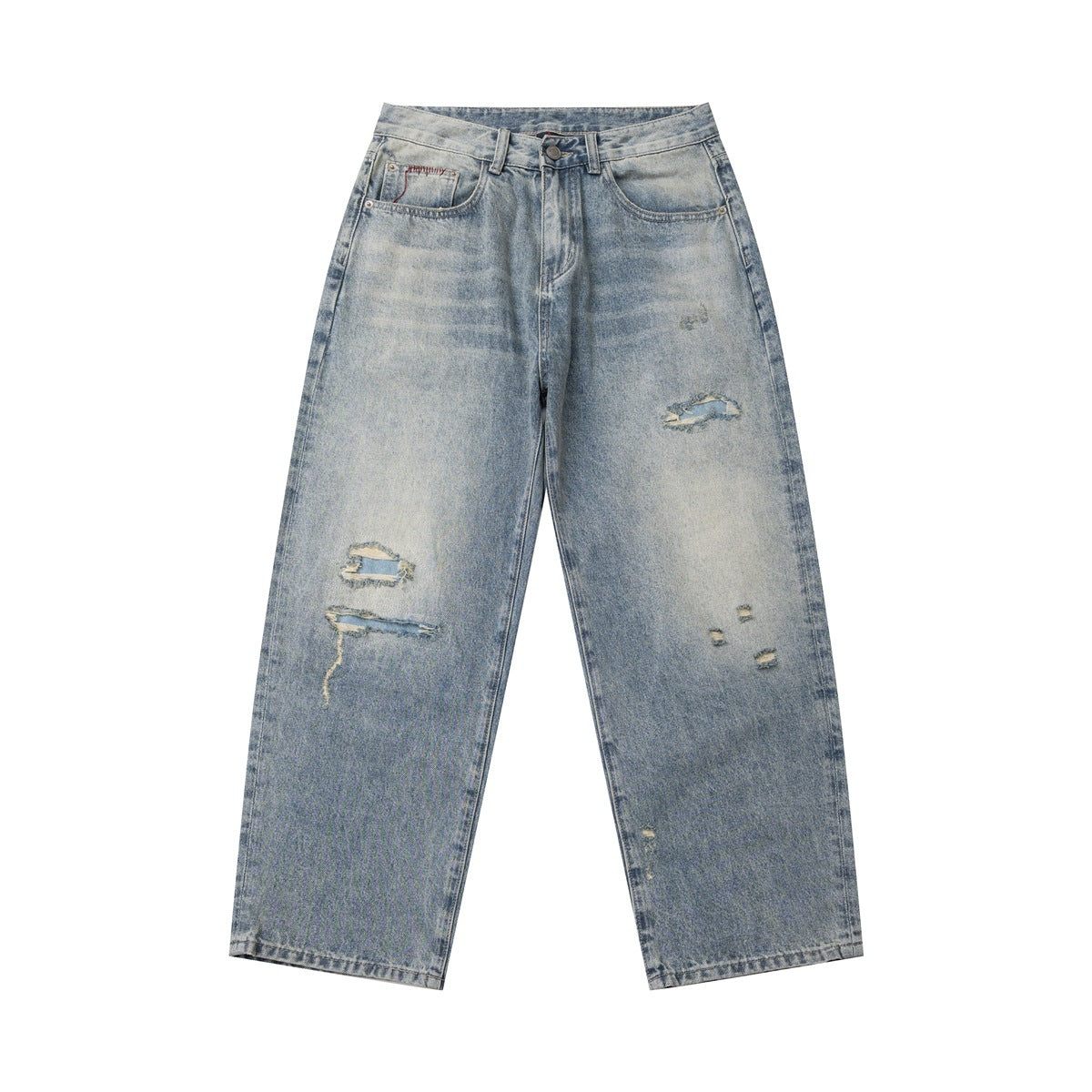 Front view of faded light-blue wide-leg jeans with distressed rips on the thighs and knees