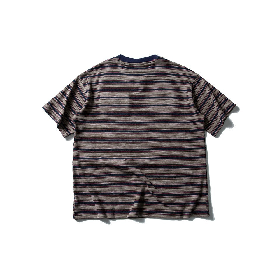 Flat-lay back of a navy, taupe and burgundy striped short-sleeve T-shirt with navy ribbed collar
