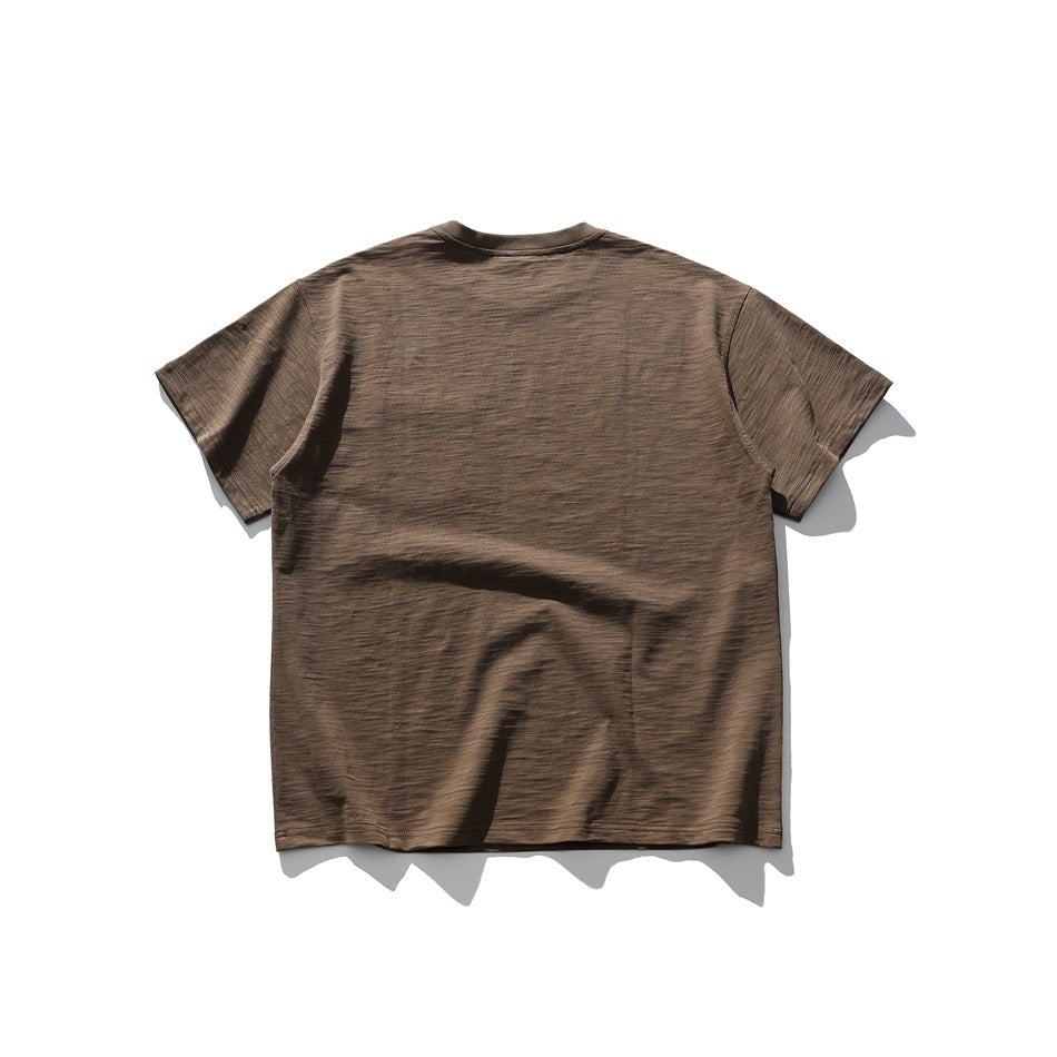 Back view of a plain brown heathered short-sleeve crew-neck T-shirt.