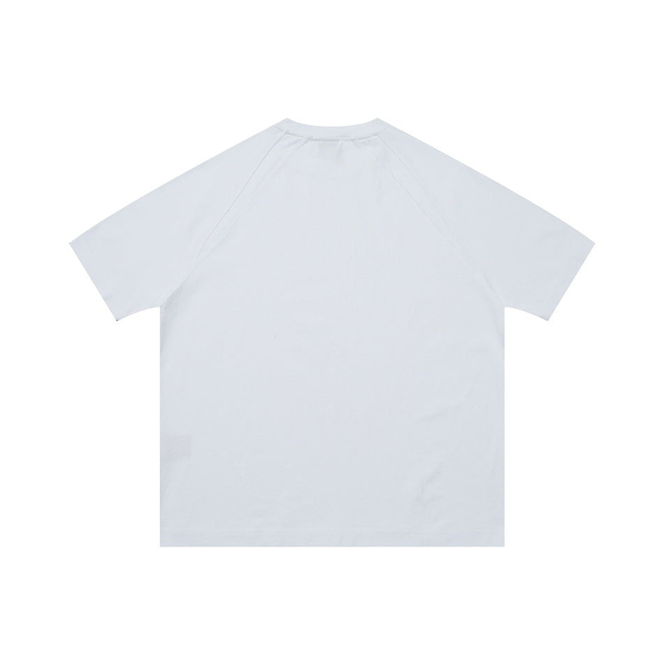 White short-sleeve raglan crew neck T-shirt, flat back view on white background