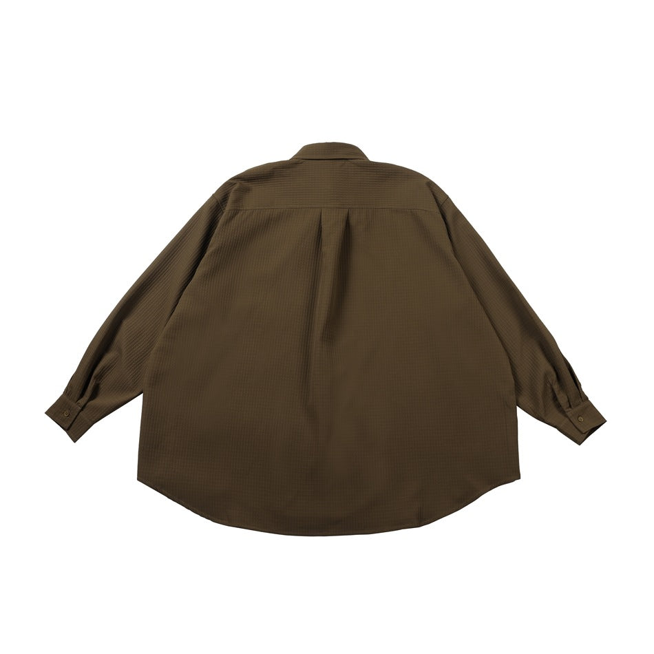 Back view of a brown long-sleeved collared shirt with a center pleat and curved hem.