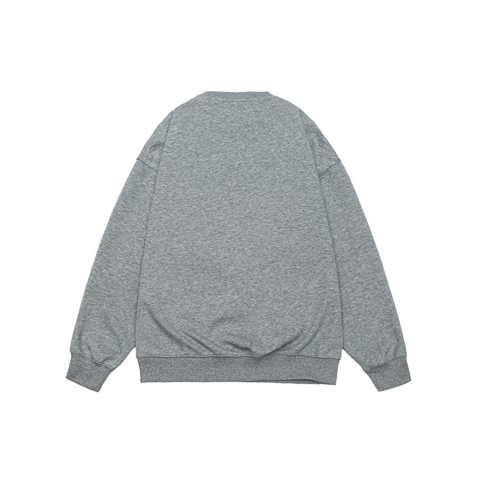 Back view of a plain heather gray crewneck sweatshirt with long sleeves and ribbed cuffs and hem, laid flat on white.