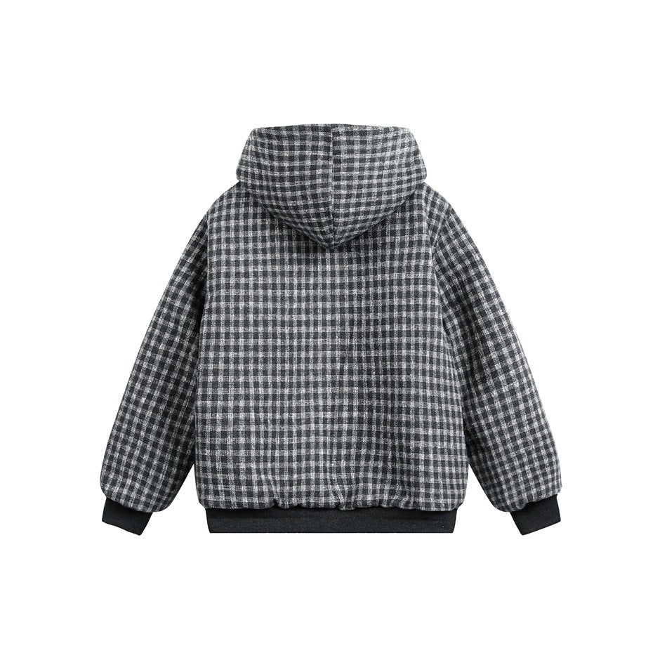 Back view of a gray and black checkered hooded jacket with dark ribbed cuffs and hem.