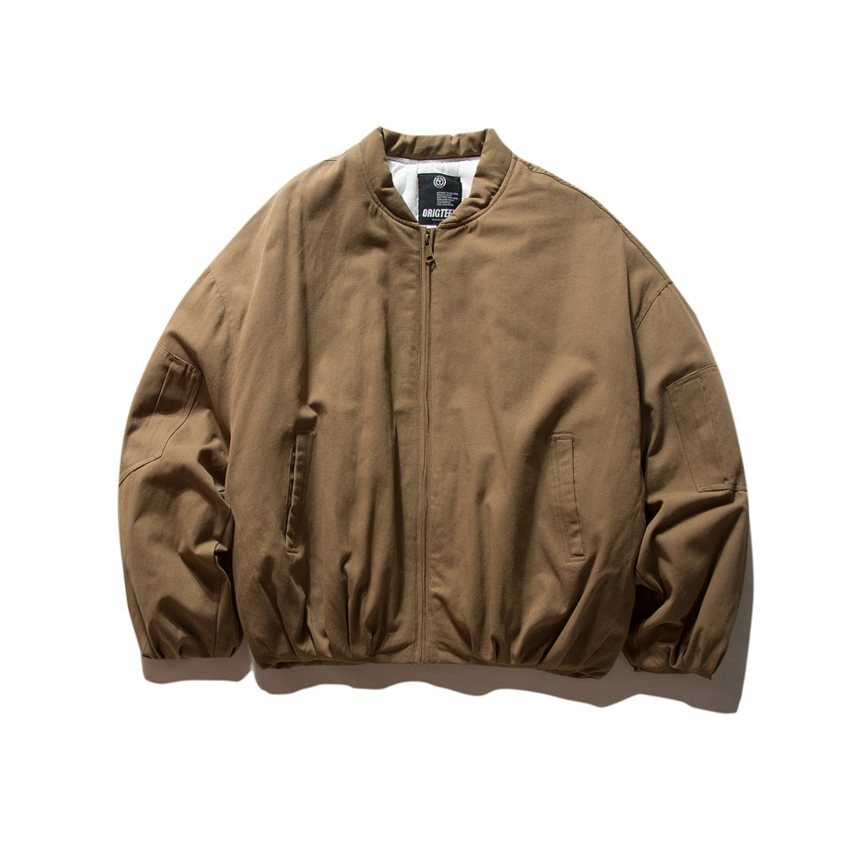 Khaki-brown bomber-style jacket, front flat lay, zipped, with stand collar, front pockets and sleeve pockets