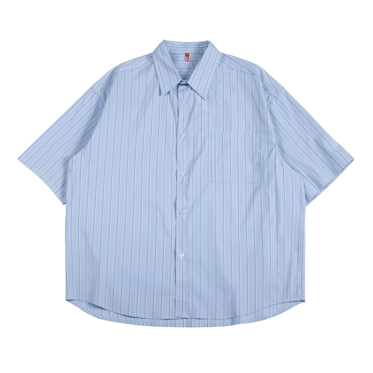 Light blue vertical-striped short-sleeve button-up shirt with chest pocket, flat lay front view
