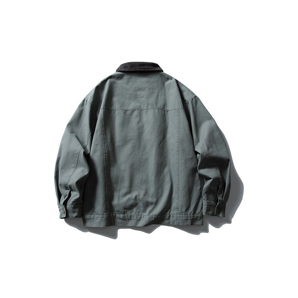 Back view of a gray jacket with a dark collar, long sleeves, and buttoned cuffs on a white background.