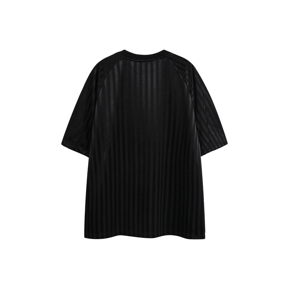 Back view of a black short-sleeve T-shirt with tonal vertical stripes and raglan sleeves