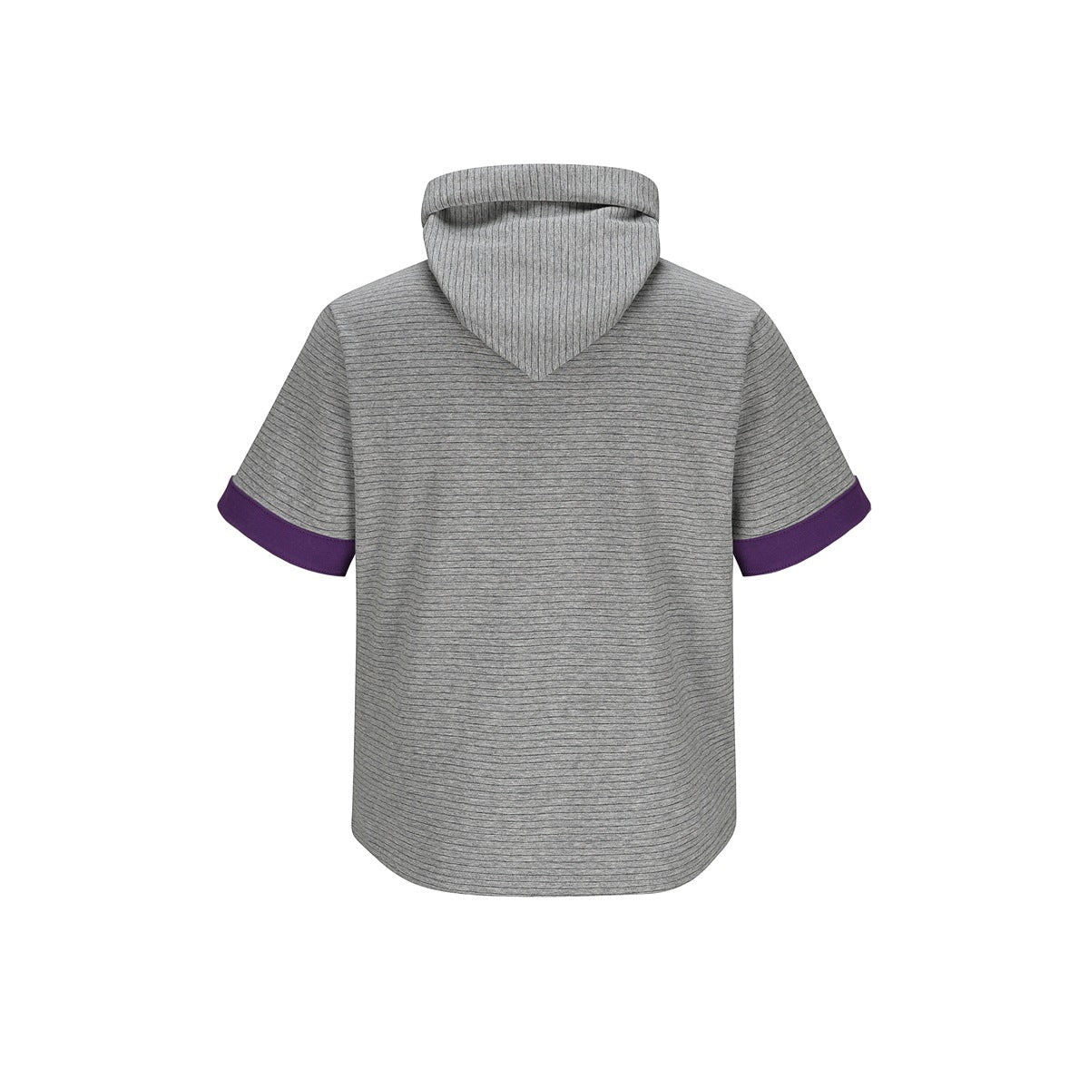 Back view of a gray fine-striped short-sleeve hooded top with purple sleeve cuffs.