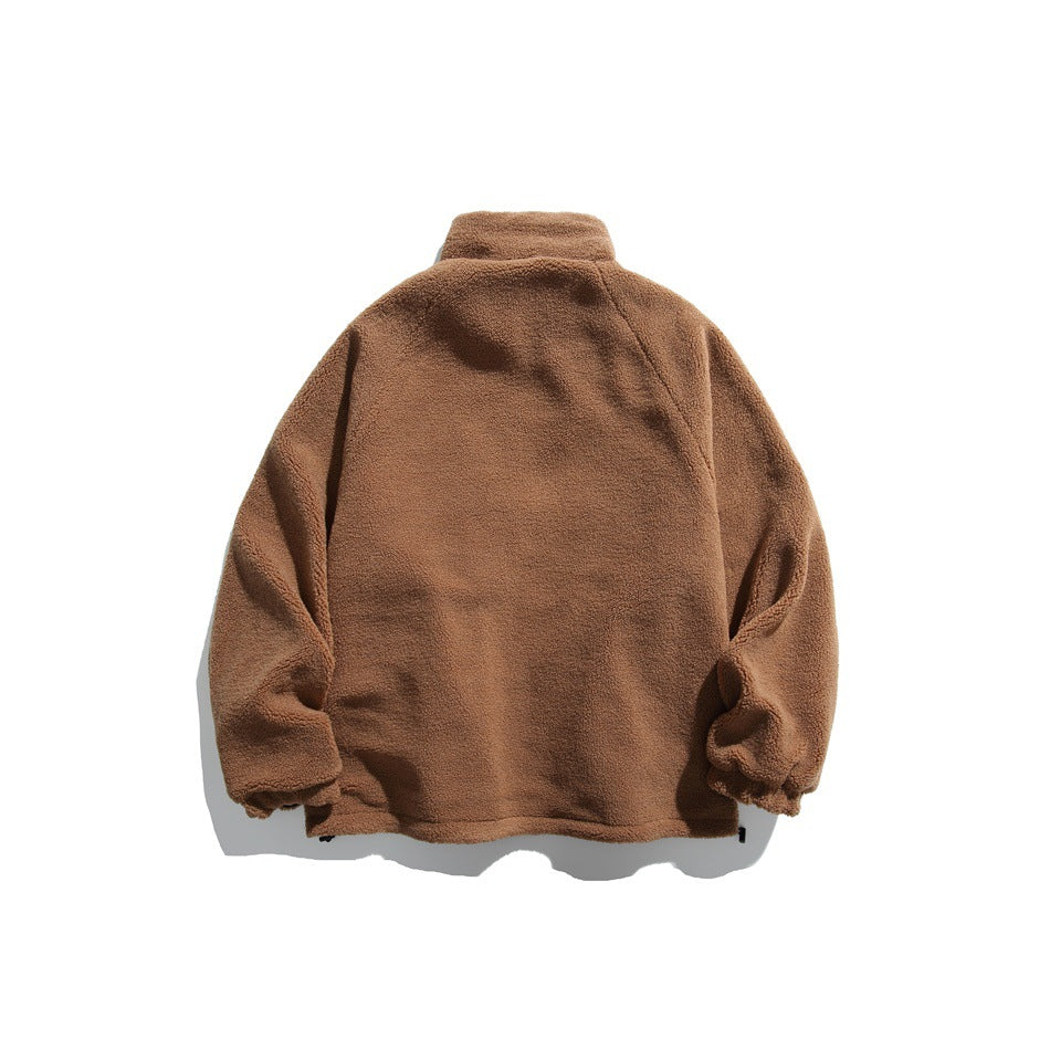 Back view of a brown fleece jacket with a high collar and gathered cuffs.