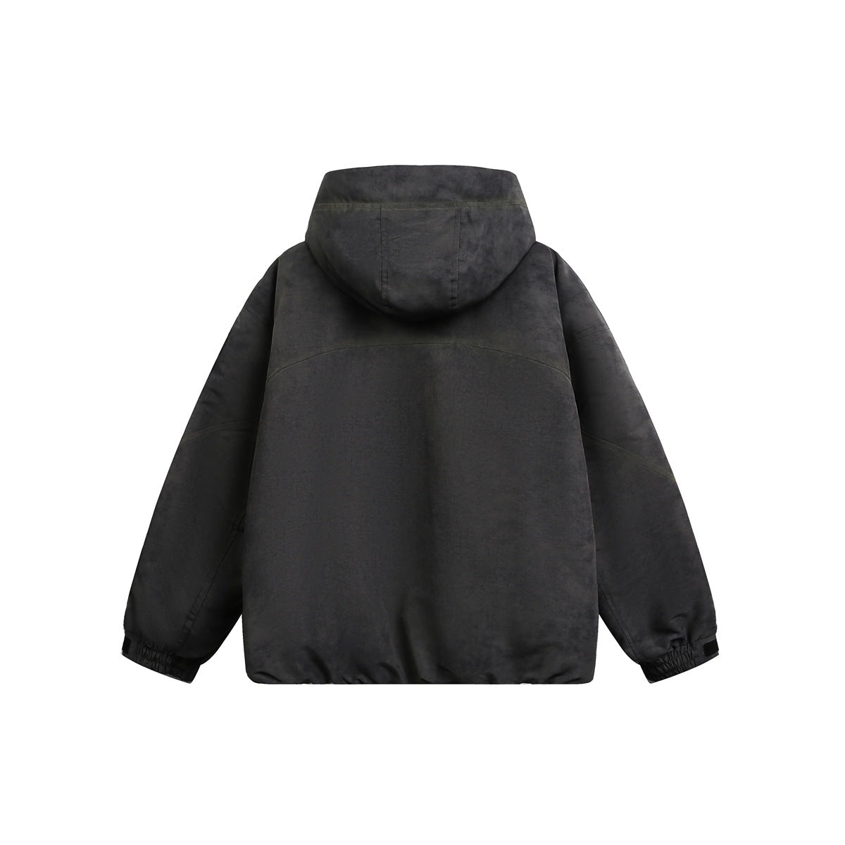 Back view of a dark charcoal hooded jacket laid flat, with curved back yoke seams and elastic cuffs.