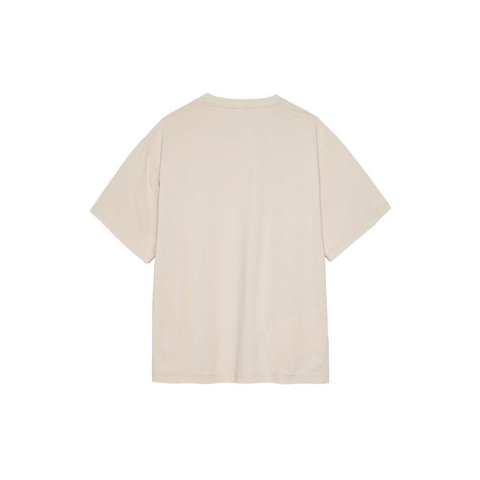 Back view of a plain light beige short-sleeve crew neck t-shirt with dropped shoulders
