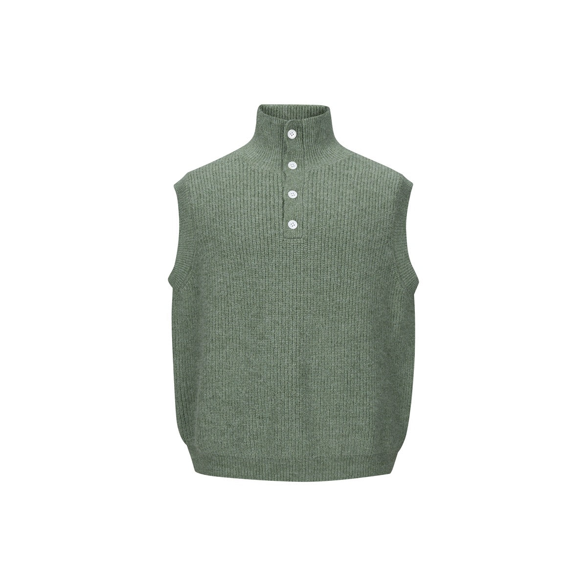 Green ribbed knit sleeveless vest with stand collar and four white buttons, front view on plain white background