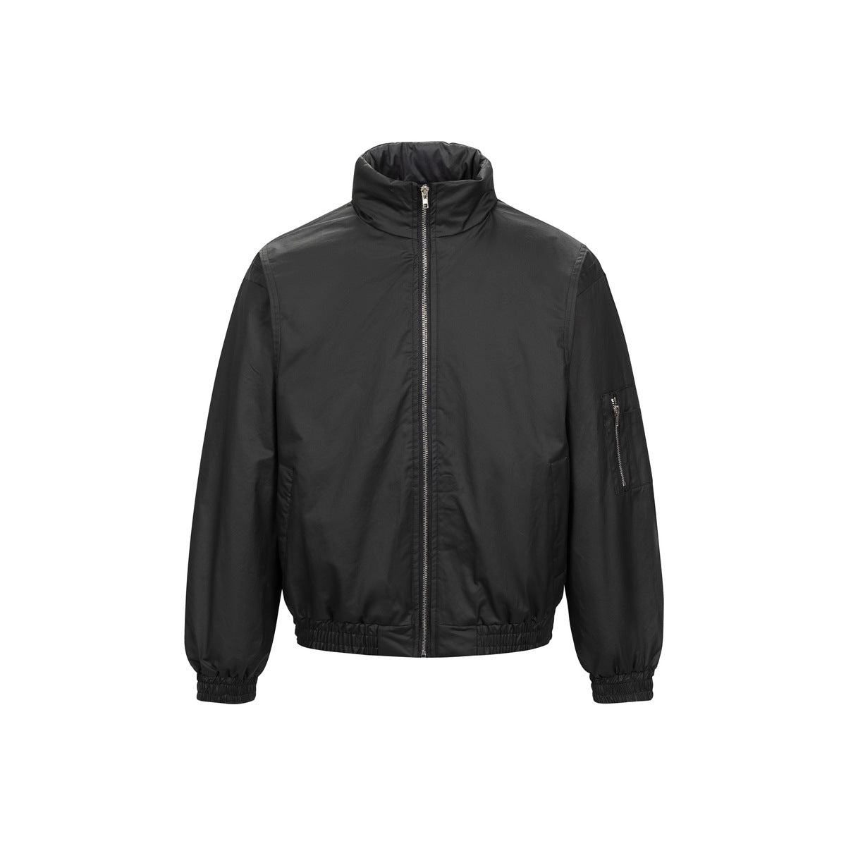 Black stand-collar bomber jacket, front view, zipped, with elastic cuffs and hem and a zippered sleeve pocket