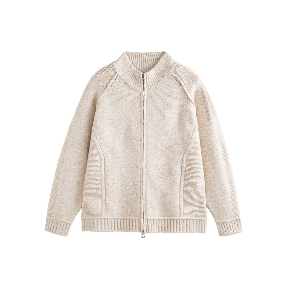 Apricot knit zip-up cardigan with ribbed stand collar, raglan sleeves and ribbed hem, flat front view