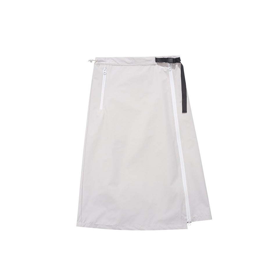 Off-white A-line wrap-style midi skirt with white front zipper, black waist buckle strap and zip pocket