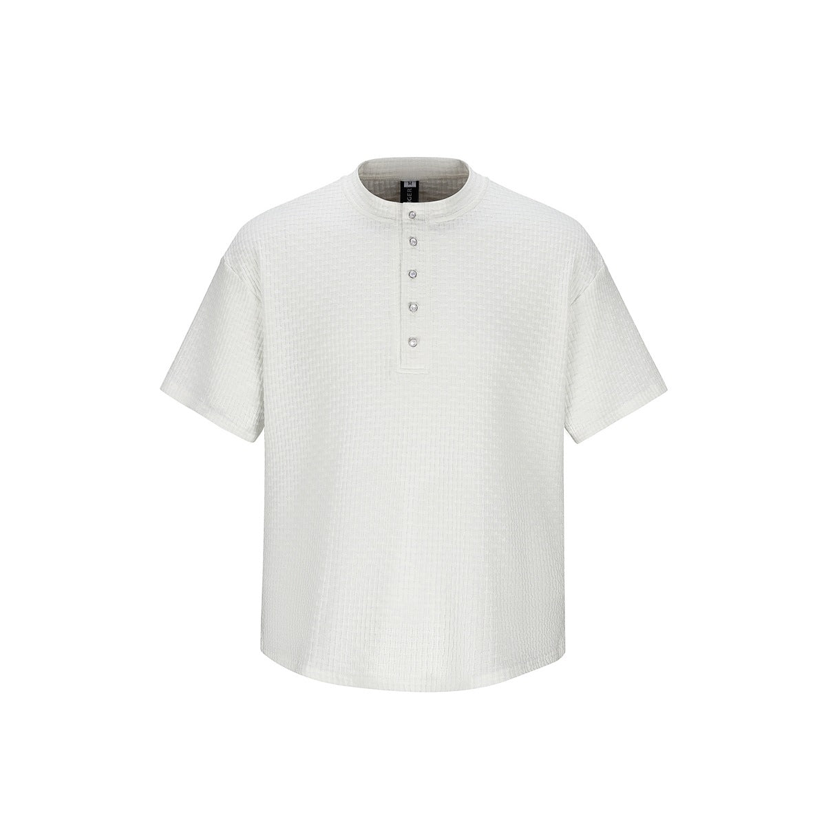 White short-sleeve Henry-collar T-shirt with five buttons and grid-textured knit, flat front view