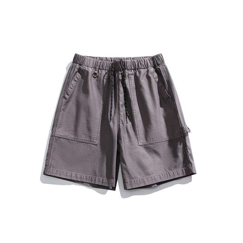 Haze purple-gray men's drawstring shorts with large front patch pockets, front view on white background