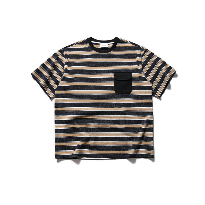 Black and tan striped short-sleeve T-shirt with white pinstripes and a black flap chest pocket, flat lay front view