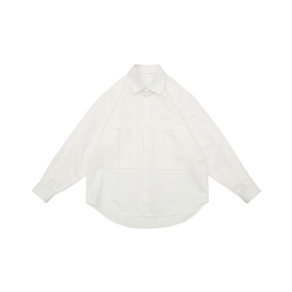 White long-sleeve button-front shirt laid flat with a pointed collar and two large chest pockets