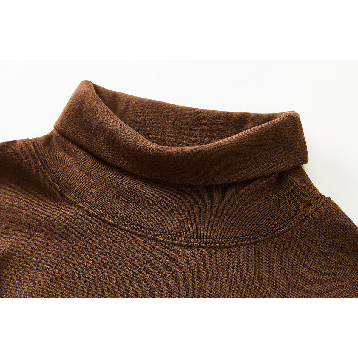 Close-up of the brown heathered top's folded turtleneck collar and neckline stitching.