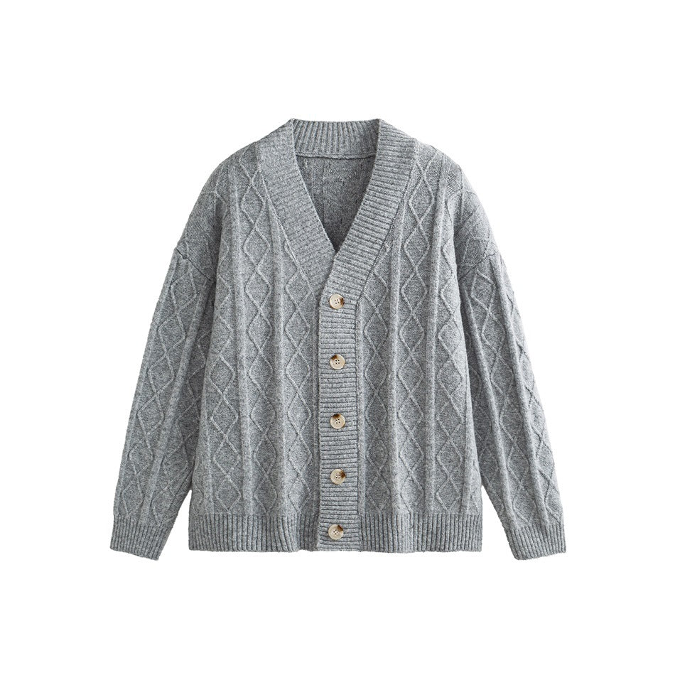 Light gray V-neck button-front cardigan with diamond cable-knit texture and ribbed trim, flat lay