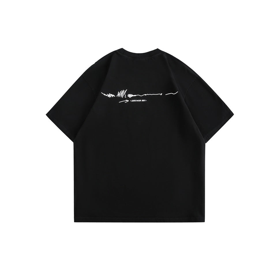 Back view of a black short-sleeve T-shirt with a small white graphic across the upper back.