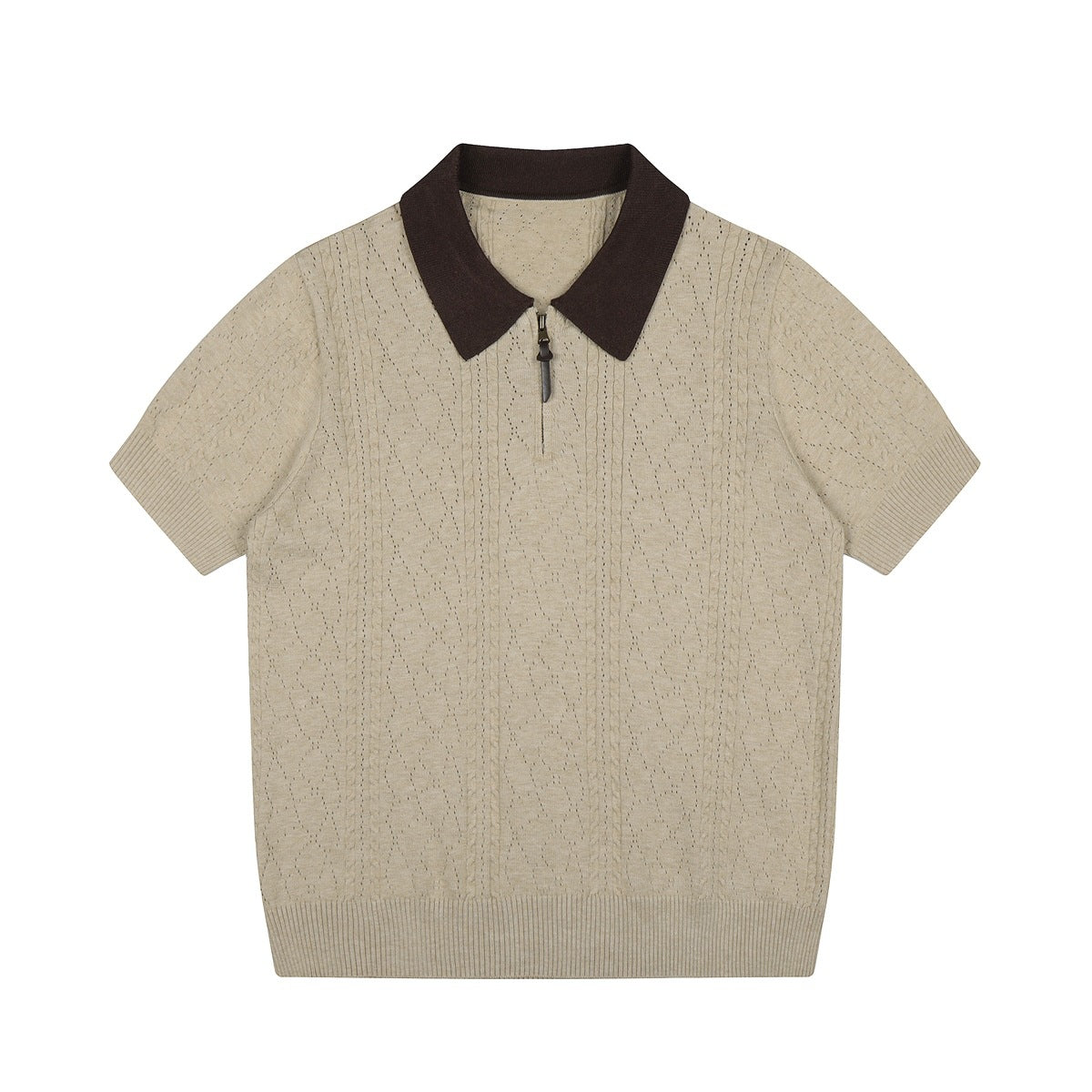 Khaki knit polo with dark brown collar, quarter zip and ribbed cuffs, flat front view