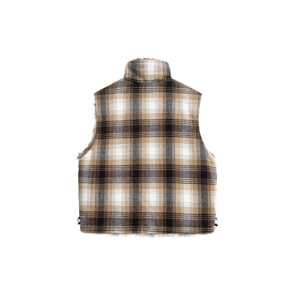 Back view of a vest with a beige, brown, black, and white plaid exterior and faux-fur edging at the armholes.