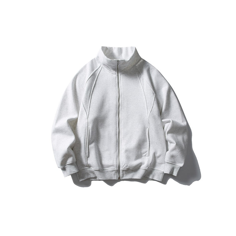 Heather gray zip-up stand-collar jacket flat lay, front view with raglan sleeves and ribbed cuffs