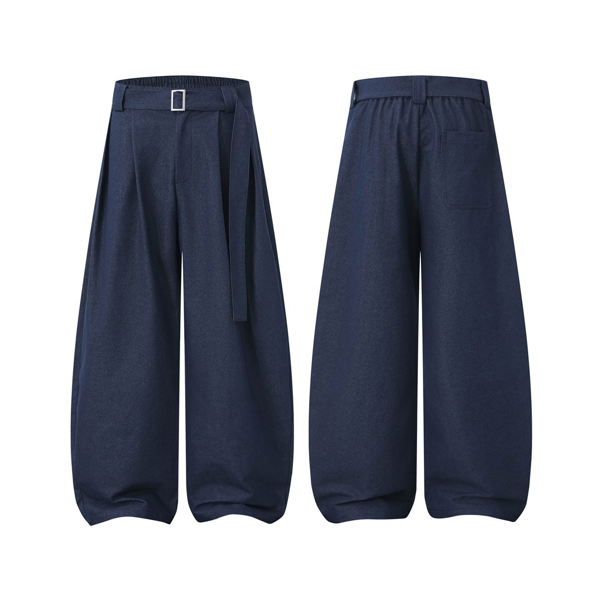 Front and back views of dark navy wide-leg trousers with a belt and silver buckle, pleats, and a rear patch pocket.