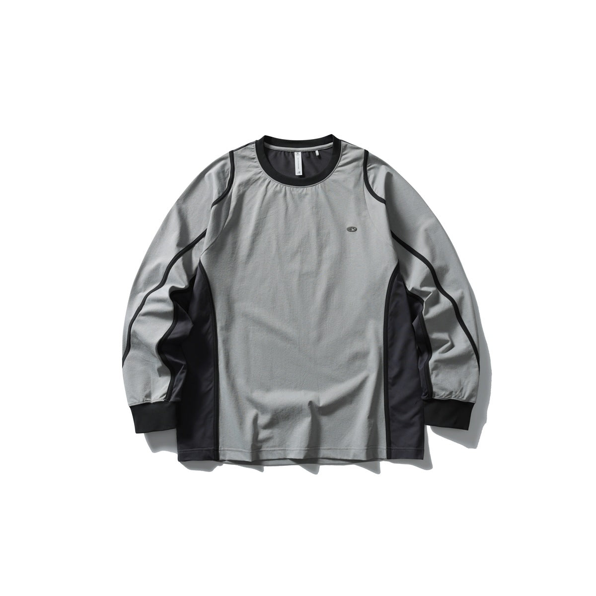 Gray long-sleeve crew-neck top with black ribbed collar and cuffs, black piping and charcoal side panels, flat lay