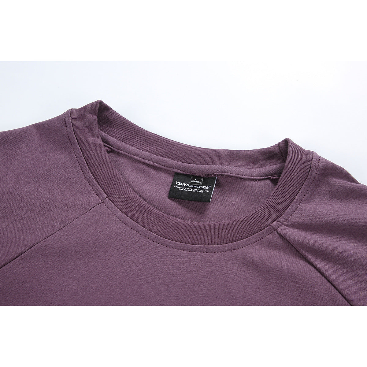 Close-up of a muted plum long-sleeve top showing its crew neck, raglan seams and inner label.