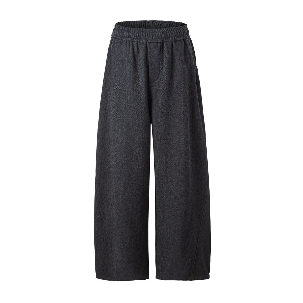 Charcoal gray wide-leg pants with elastic waistband and curved leg seams, flat front view