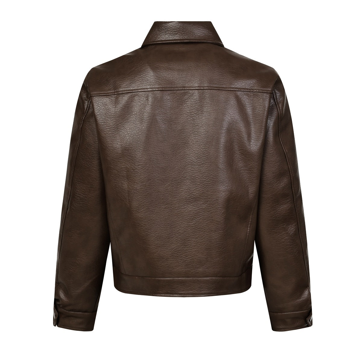 Back view of a dark brown jacket with a pointed collar, long sleeves, and stitched back yoke.