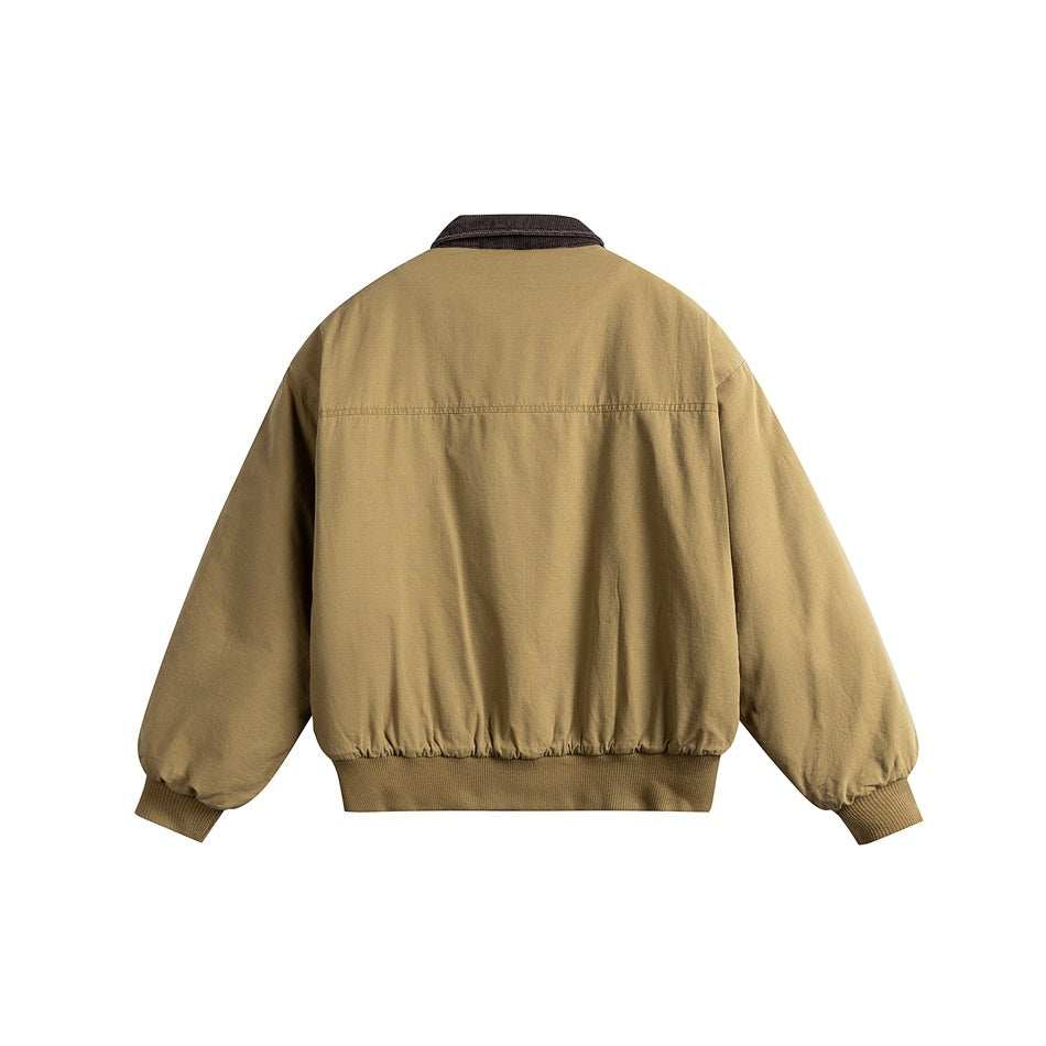 Back view of khaki padded jacket with brown collar, back yoke seam and ribbed cuffs and hem