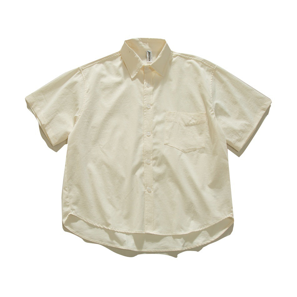 Off-white short-sleeve button-up shirt with collar, chest pocket and curved hem, flat lay front view