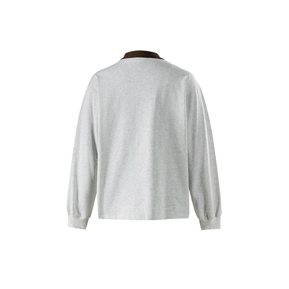 Back view of heather gray long-sleeve top with brown collar and ribbed cuffs, flat view
