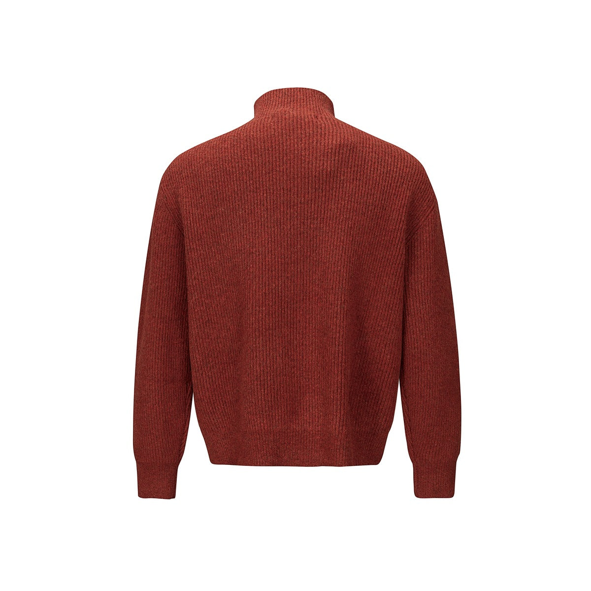 Back view of a rust-red ribbed knit sweater with a high collar and long sleeves.
