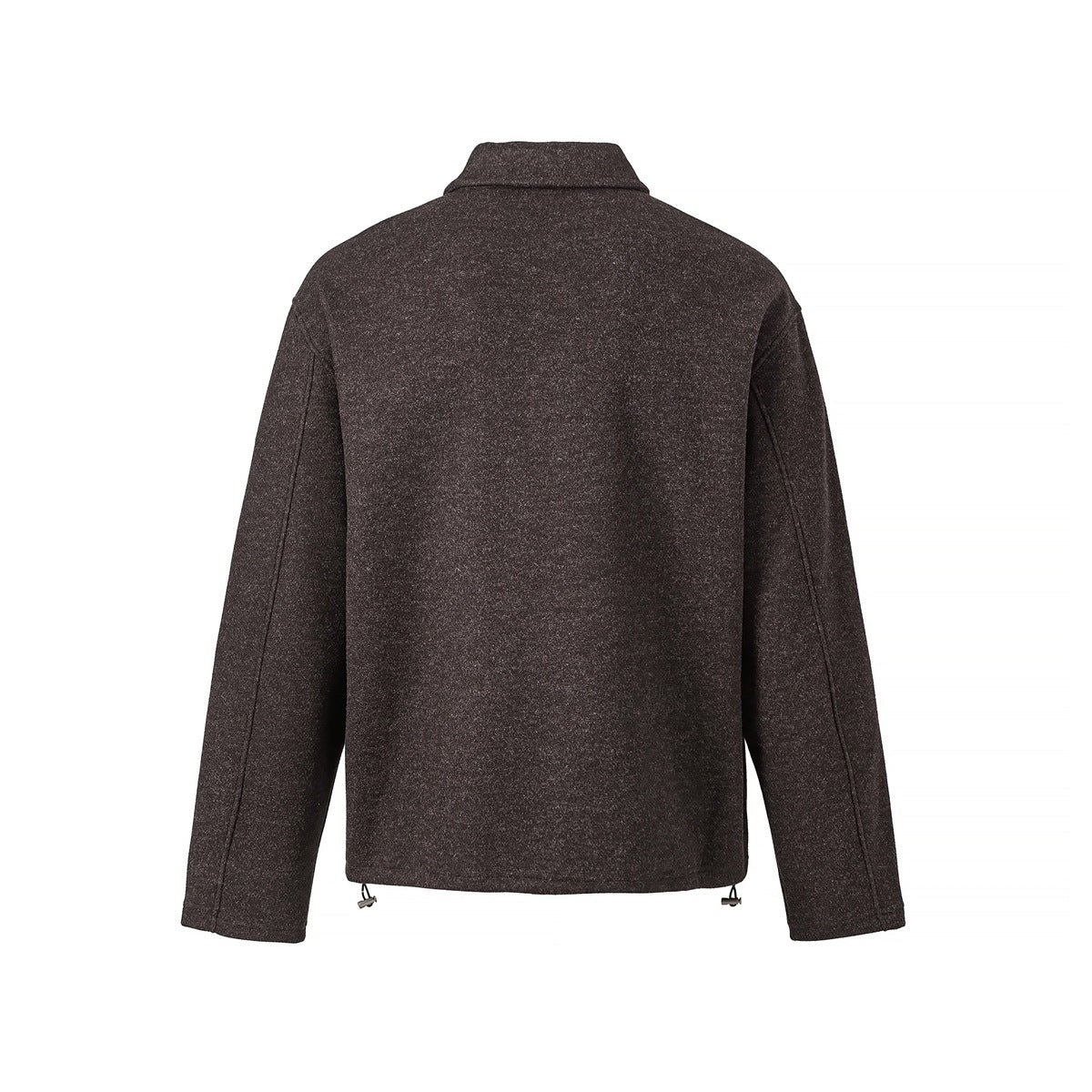 Back view of a dark brown heathered long-sleeved collared pullover with adjustable hem cords.