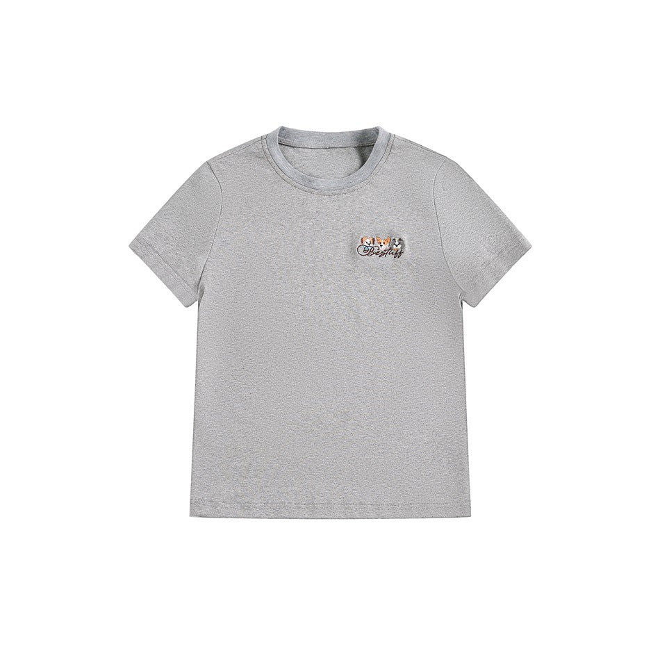 Gray short-sleeve crew-neck T-shirt with a small embroidered dog-face patch on the left chest, flat lay