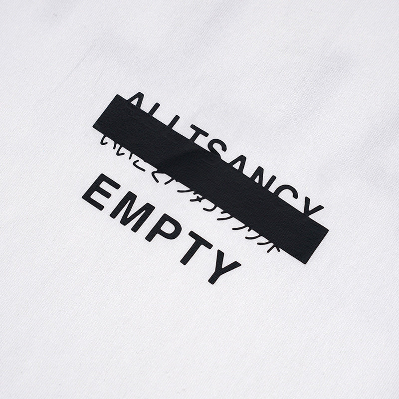 Close-up of black English lettering and a bar graphic printed on white T-shirt fabric.