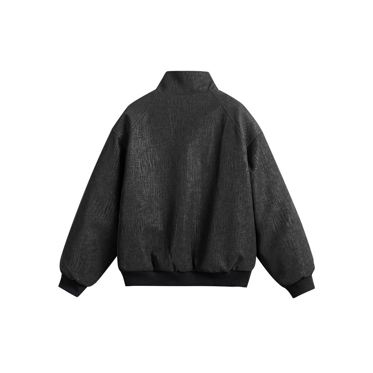 Back view of a charcoal-black jacket with a high collar, raglan sleeves, and ribbed cuffs and hem.