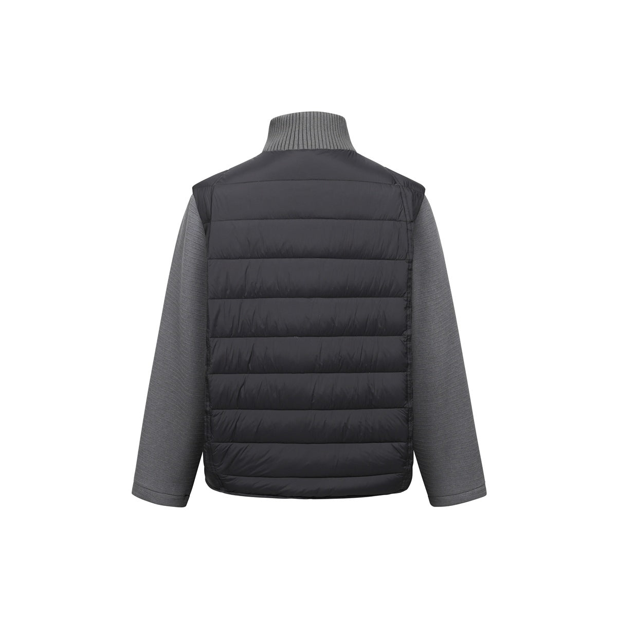 Back view of black quilted jacket with horizontal channels, gray ribbed stand collar and gray textured sleeves