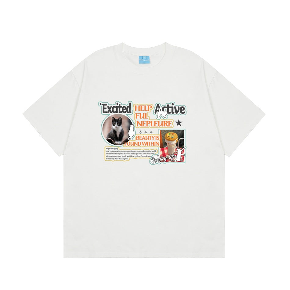 White short-sleeve crew-neck T-shirt with cat and milkshake photo graphic and slogan text on the chest