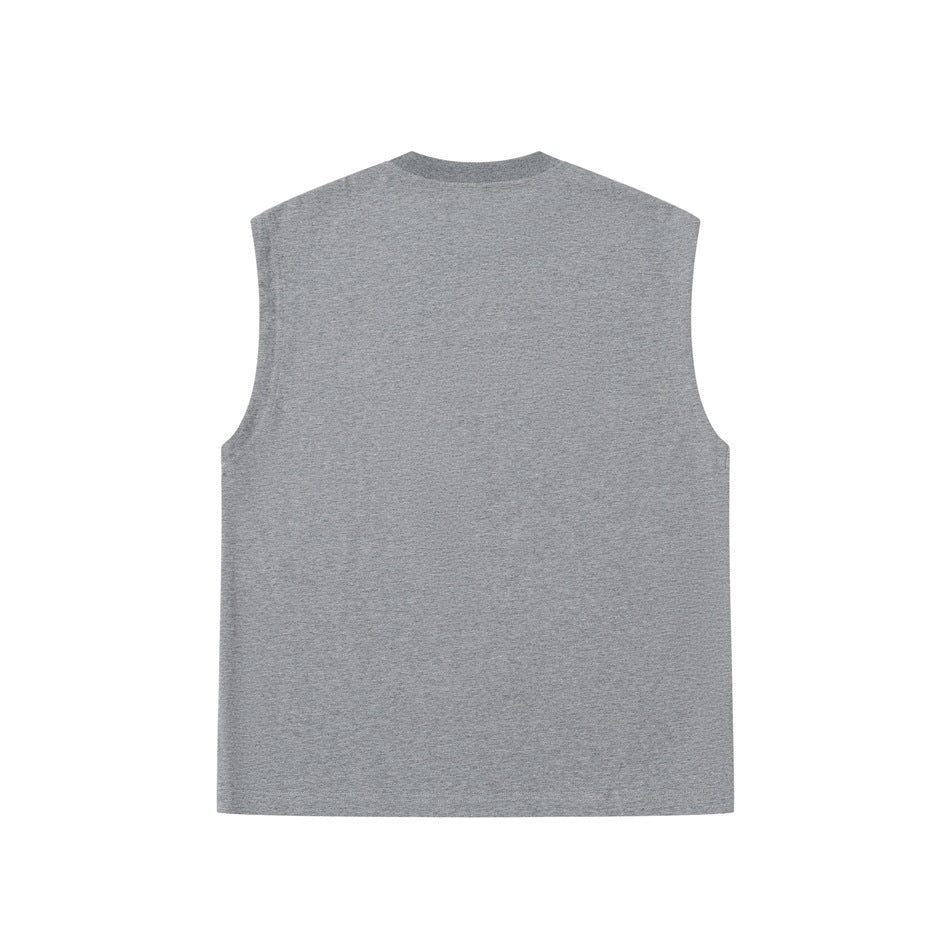 Back view of a plain heather gray sleeveless crew-neck top.