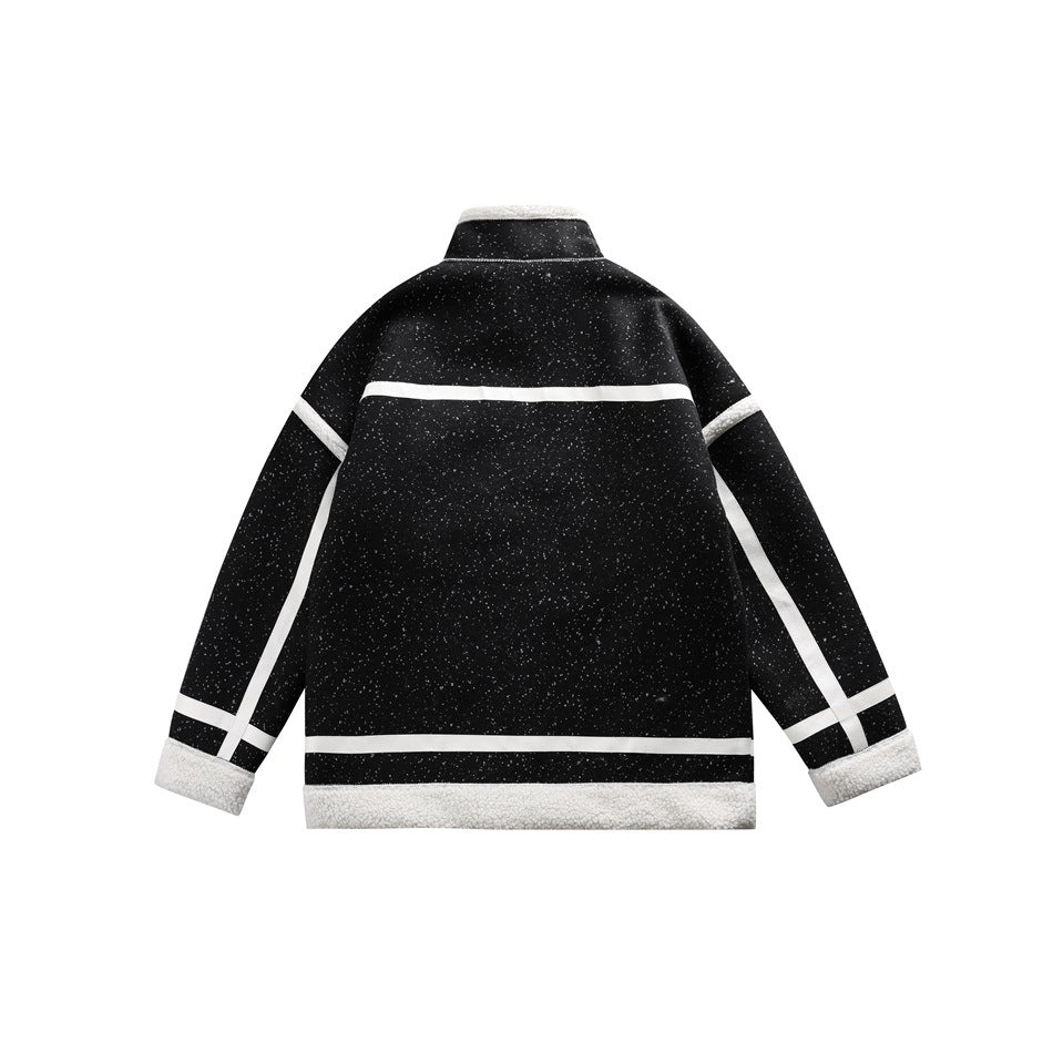 Back view of a black flecked coat with white stripe accents, cream fleece cuffs and hem, and a short stand collar.