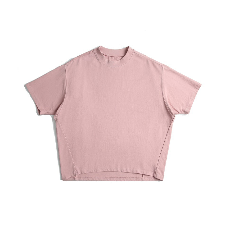 Dusty pink short-sleeve T-shirt with a high crew neckline, shown flat against a white background.
